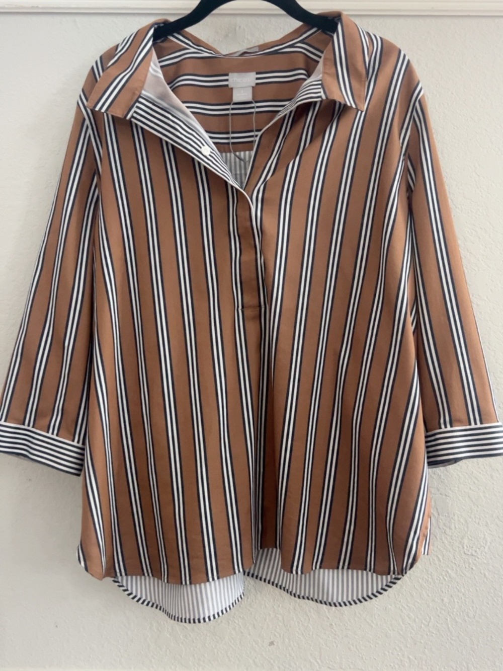 Chico’s No-Iron Chic Stretch Navy Striped Tunic Shirt Size 3 XL